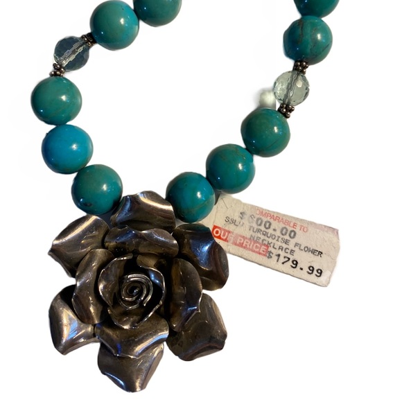 Sterling Silver Flower & Turquoise Beaded Necklace - Picture 9 of 9